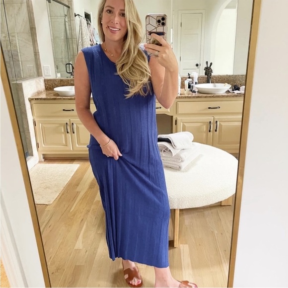 Free People Beach Theo Sweater Midi Dress Blue Ribbed Relaxed Fit Sz M NEW - Picture 2 of 12